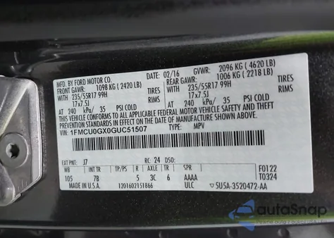 2016 Ford Escape Se z USA, uszkodzony, nr VIN 1FMCU0GX0GUC51507